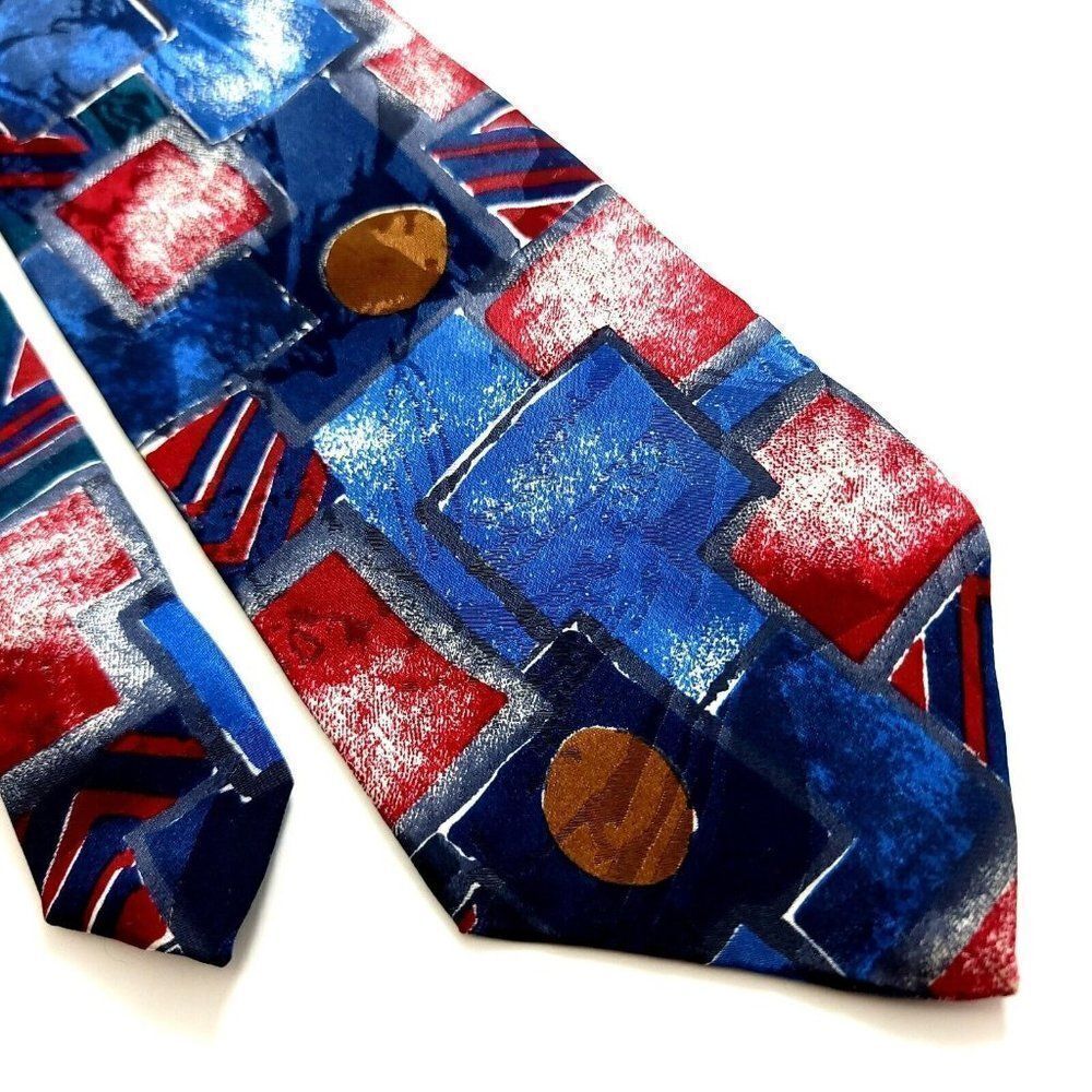 J.T. Beckett Blue Red Abstract Jacquard Print Wide Silk Tie